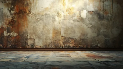 Weathered interior wall with textured stained surface.