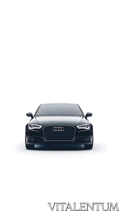 Front view of black sedan car on white studio background.