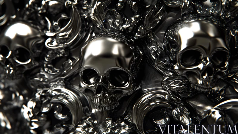 Shiny Metallic Skulls in Dark Ornate Pattern, Digital Art Style.