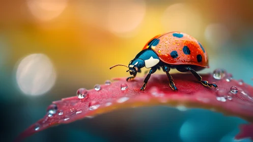 Ladybug stroll on a dewy leaf in dreamy morning light.