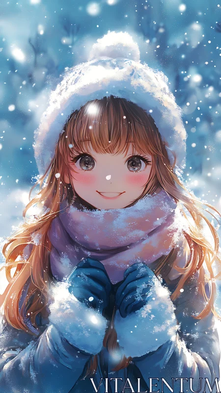 Smiling girl in winter coat and hat stands in falling snow