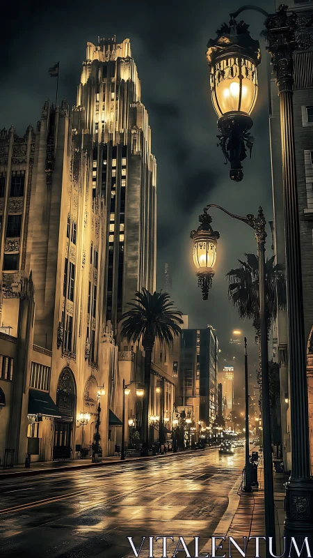 Moody art deco city street glows under stormy night sky