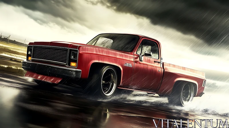 Lowered red pickup truck drifts through wet storm runway