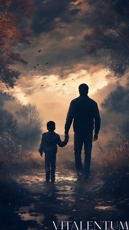 Father and child walk hand in hand along misty forest path