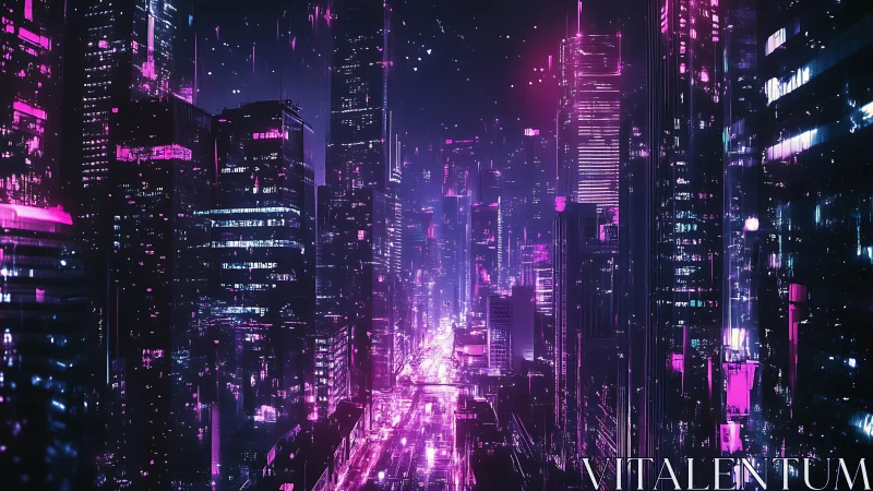 Neon soaked cyberpunk skyline glows over a restless city night