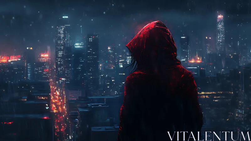 Red-hooded silhouette surveying neon-bleeding rain cityscape.