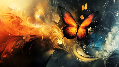 Butterflies within abstract swirling light and color fields.