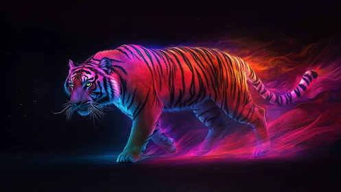 Chromatic vector-lit tiger with neon plasma motion trail.
