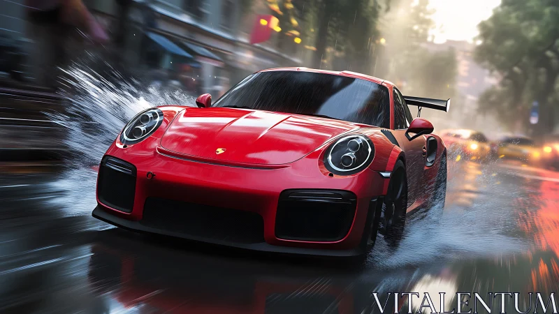 Red sports car slicing through a rainy city street at speed.