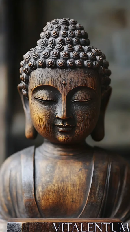 Carved wooden Buddha bust radiates calm spiritual presence