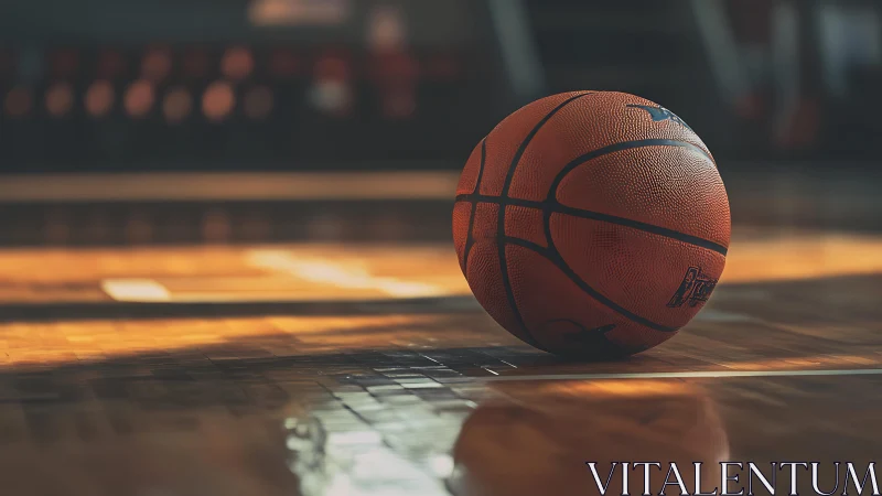 Basketball resting on polished indoor court in warm light.