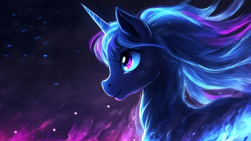 Glowing blue unicorn character rendered with neon lighting