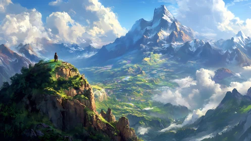 Solitary rider overlooking vast sunlit alpine valley panorama.