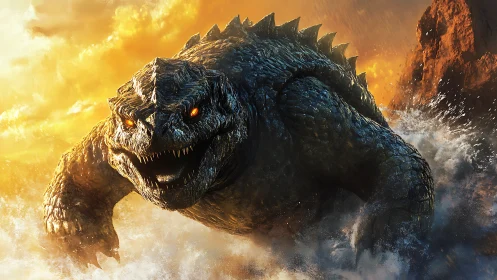 Sea kaiju charges through crashing waves at sunset.
