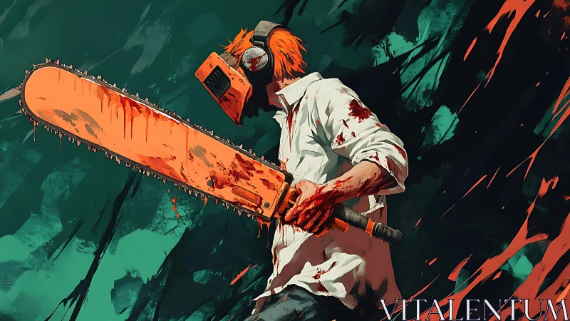 Bloodstained chainsaw fighter in stylized dynamic pose.