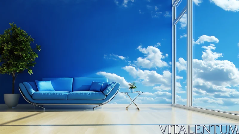 Sunny blue living room merges indoor comfort with sky views