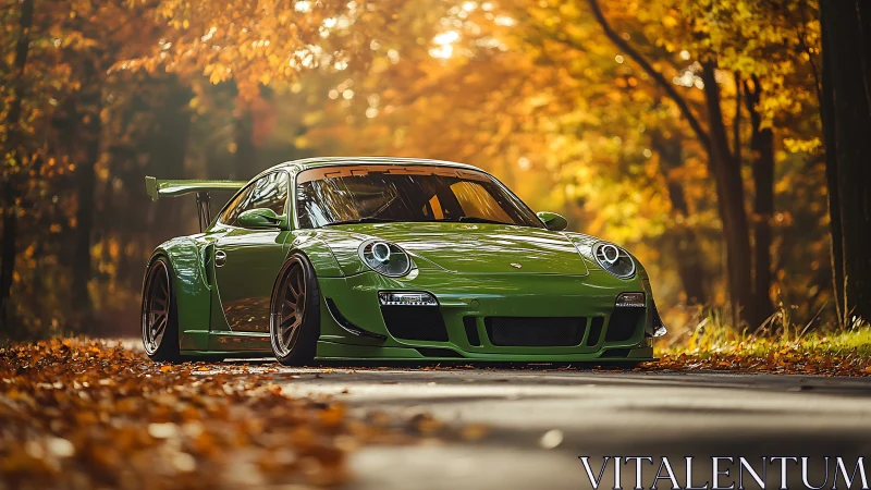 Green sports coupe on forest road in autumn foliage scene.