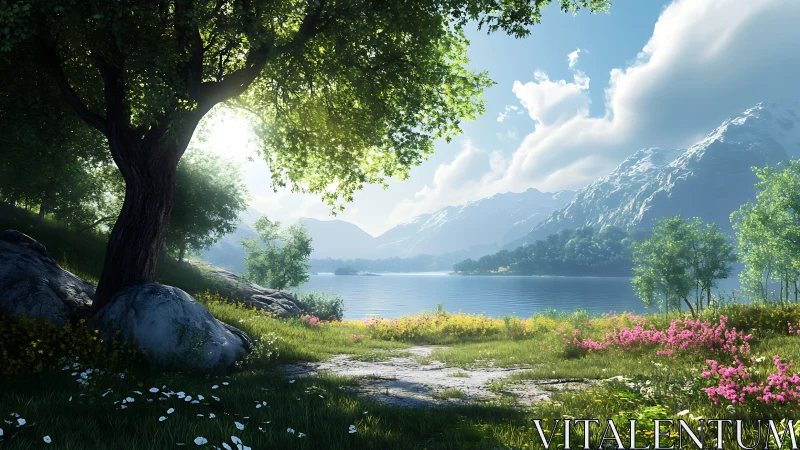 Sunlit lakeside meadow extends toward distant snowy peaks