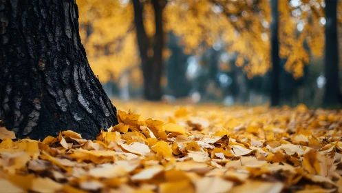 Golden autumn leaves gathered softly at a quiet tree base.