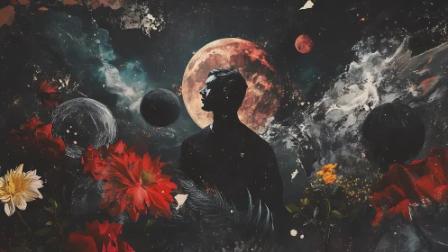 Silhouetted figure stands before moon amid cosmic flowers
