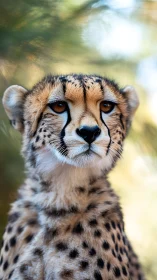 Juvenile cheetah portrait under soft bokeh forest light.