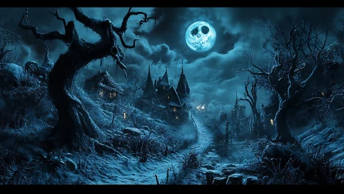Haunted hilltop manor glows beneath an eerie skull moon.