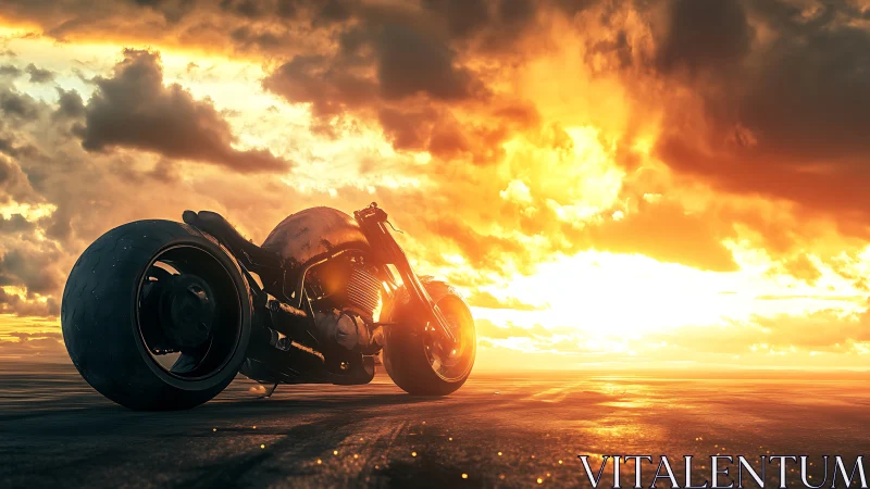Futuristic motorcycle against blazing cinematic sunset sky.
