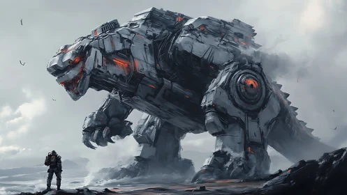 Colossal quadruped mech kaiju confronts lone armored human scout