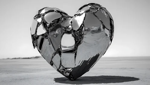 Fractured Glass Heart Sculpture: Monochromatic Reflective Geometric Form