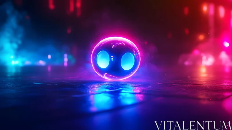Futuristic Neon Glowing Orb Character in Cyberpunk Setting.
