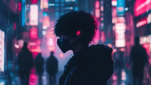 Masked neon wanderer in rain-soaked cyberpunk avenue.