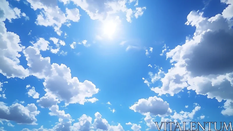 Sunlit cumulus clouds dispersed across blue daytime sky.