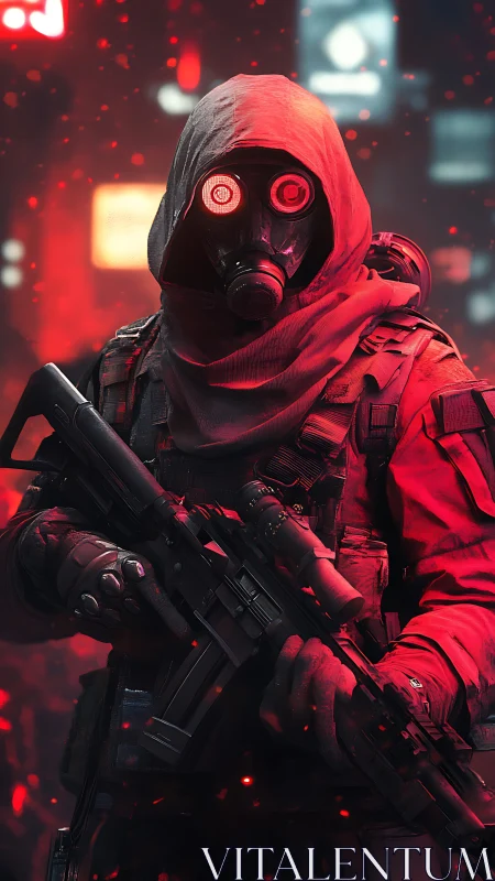 Red-hooded futuristic soldier stands ready in burning city glow