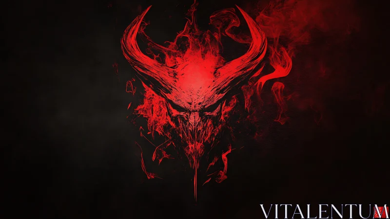 Infernal horned skull in erupting red smoke on black field.