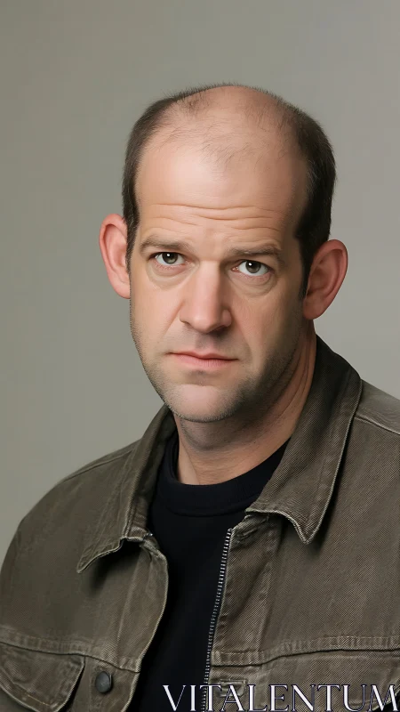 Studio headshot of serious man in brown canvas jacket.