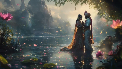 Romantic couple in traditional attire by lotus pond.