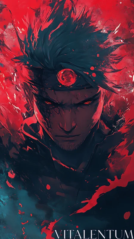 Male figure with headband in red and teal abstract field.