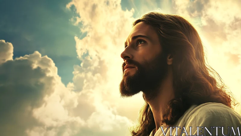 Sunlit gaze lifts a serene prophet toward radiant heavens