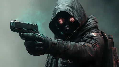 Hooded cyber-operative aiming pistol with thermal visor optics.
