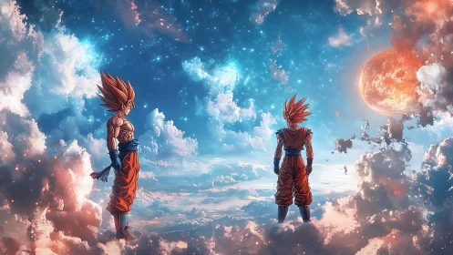 Two anime warriors stand above clouds under cosmic sky