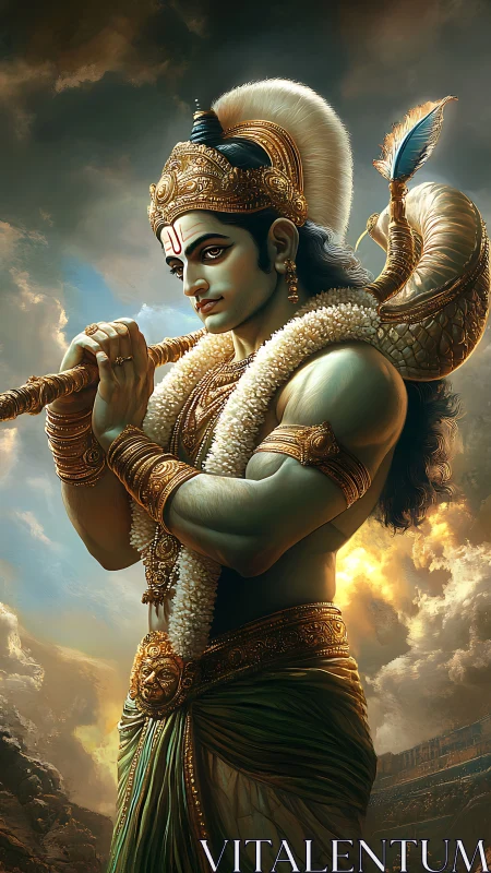 Divine warrior stands with conch against stormlit battlefield