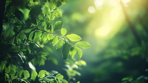 Sunlit green leaves in natural forest setting, soft focus style.