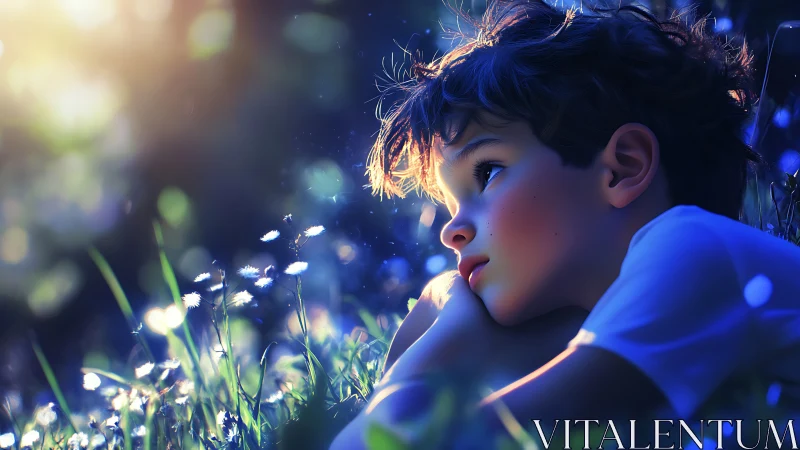 Boy Contemplates Glowing Flowers in Enchanted Night.