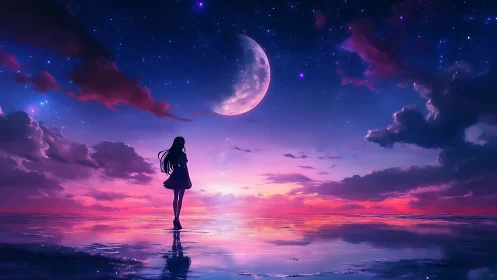 Moonlit shoreline silhouette under vivid cosmic sunset sky.