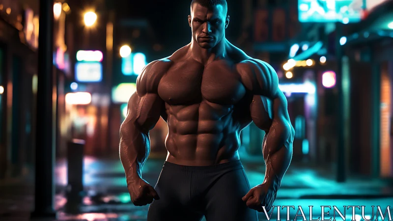 Neon street titan stands carved in chrome and shadowed light.