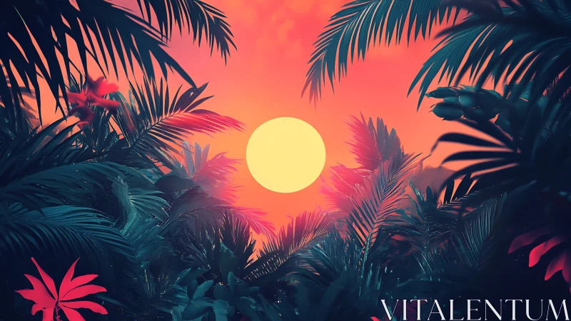 Neon jungle fronds cradle a molten sherbet sunset sun