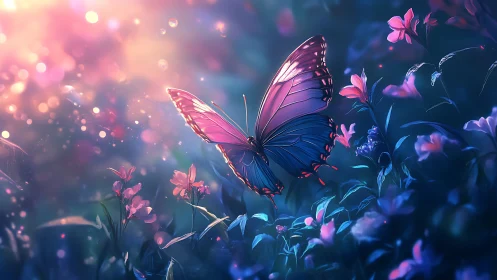 Bioluminescent butterfly rendered in high contrast bokeh meadow