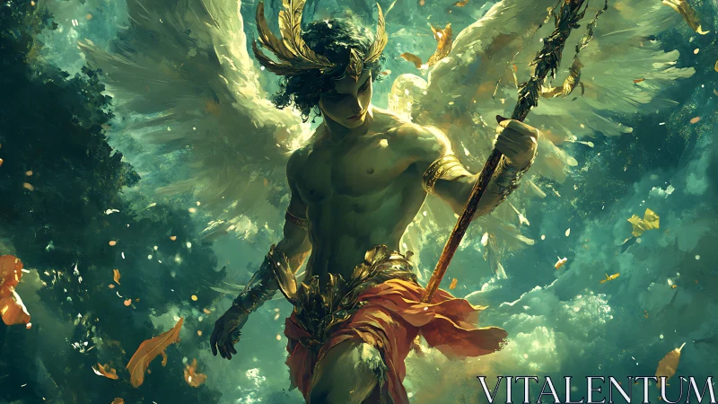 Winged celestial warrior descends through blazing storm