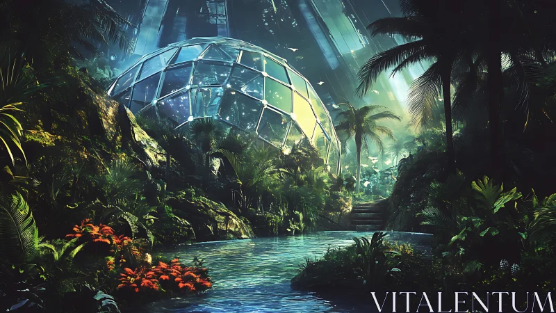 Futuristic jungle biodome beside luminous river sanctuary.