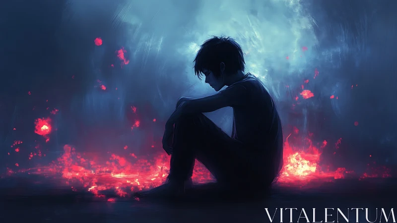 Solitary boy seated in glowing blue and red haze digital art.